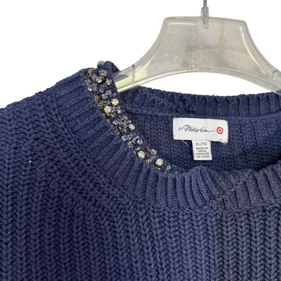 3 1 Phillip Lim Target Size XL Navy Blue Embellished Neck Sweater - Picture 2 of 5